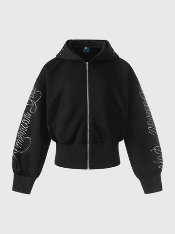 Brick Lane Waist-Defining Rhinestone Zip-up Hoodie - Black