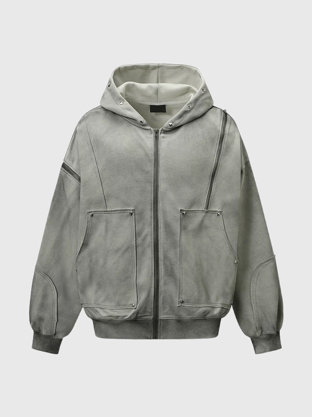 Co-ed Dorm Baggy Washed Cargo Pocket Zip-up Hoodie - Grey