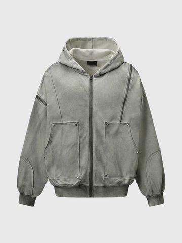 Co-ed Dorm Baggy Washed Cargo Pocket Zip-up Hoodie - Grey
