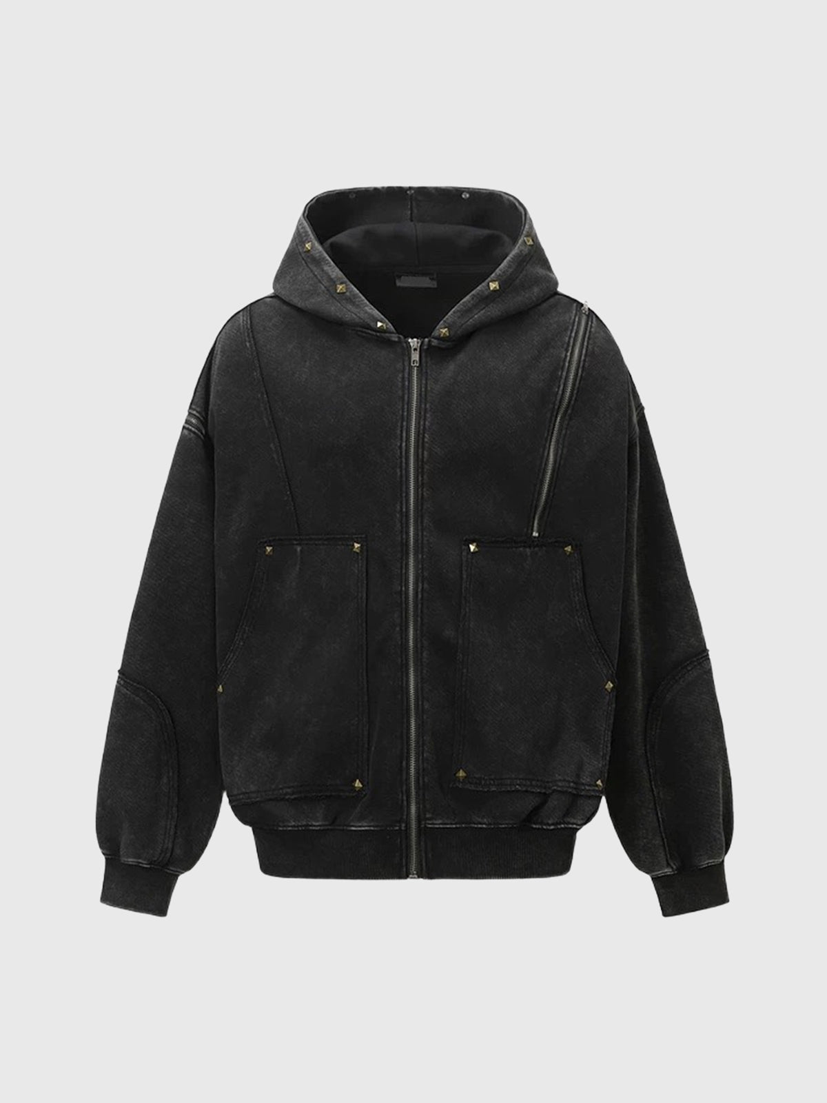 Co-ed Dorm Baggy Washed Cargo Pocket Zip-up Hoodie - Black