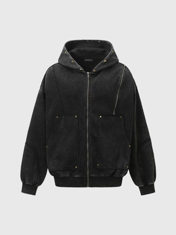 Co-ed Dorm Baggy Washed Cargo Pocket Zip-up Hoodie - Black