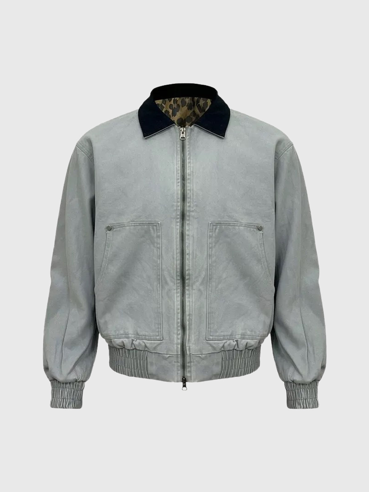 Co-ed Dorm Leopard Collar Washed Bomber Jacket - Grey