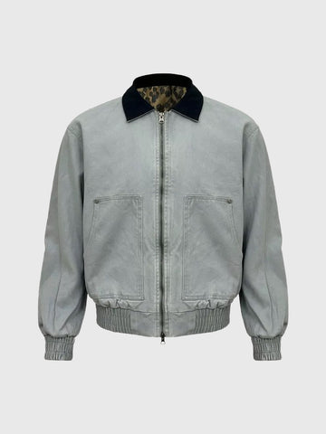 Co-ed Dorm Leopard Collar Washed Bomber Jacket - Grey