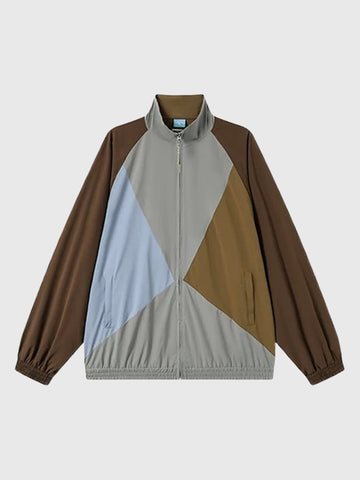 Co-ed Dorm Baggy Contrast Color Patchwork Zip-up Hoodie - Brown