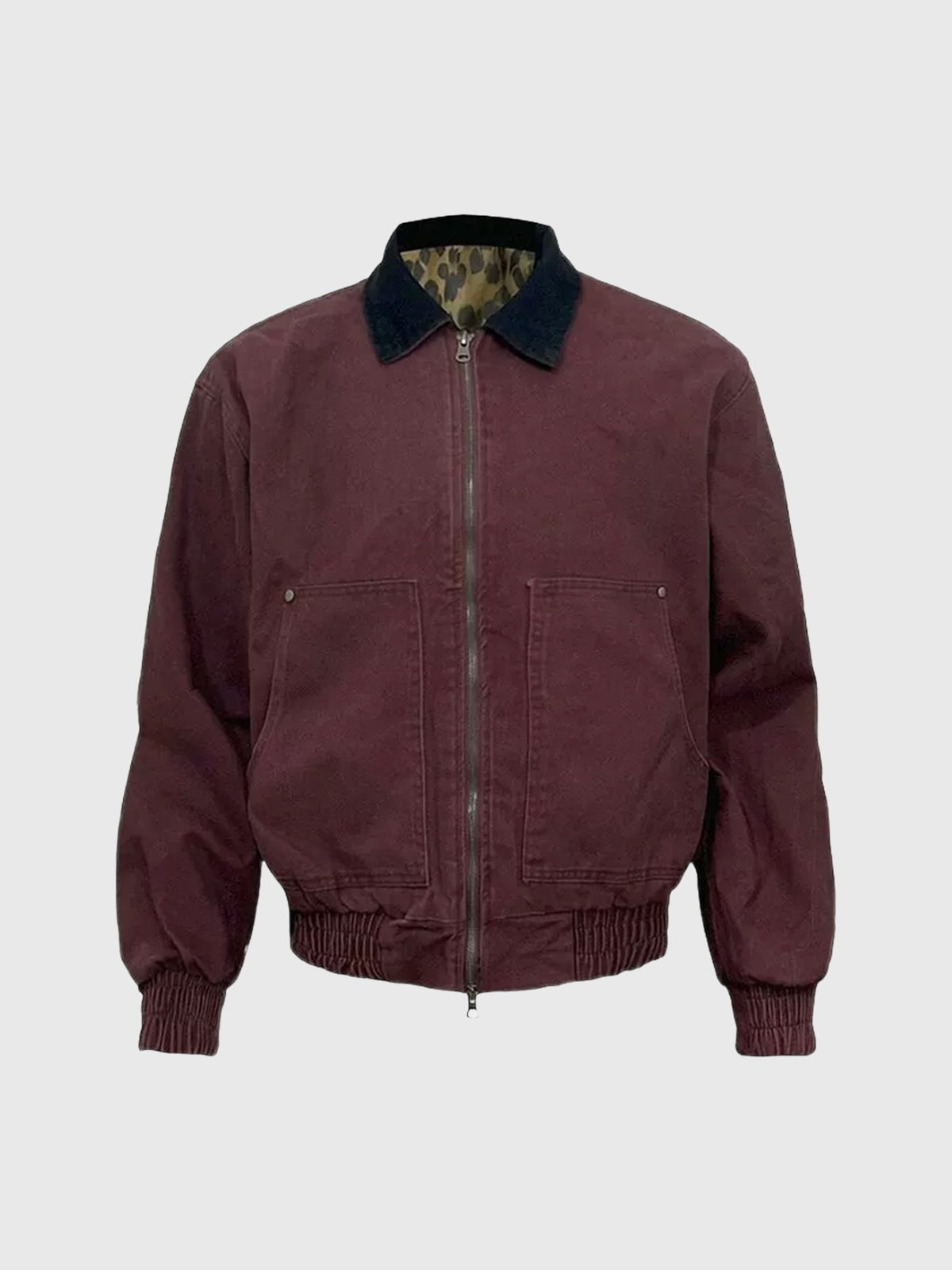 Co-ed Dorm Leopard Collar Washed Bomber Jacket - Red