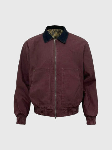 Co-ed Dorm Leopard Collar Washed Bomber Jacket - Red