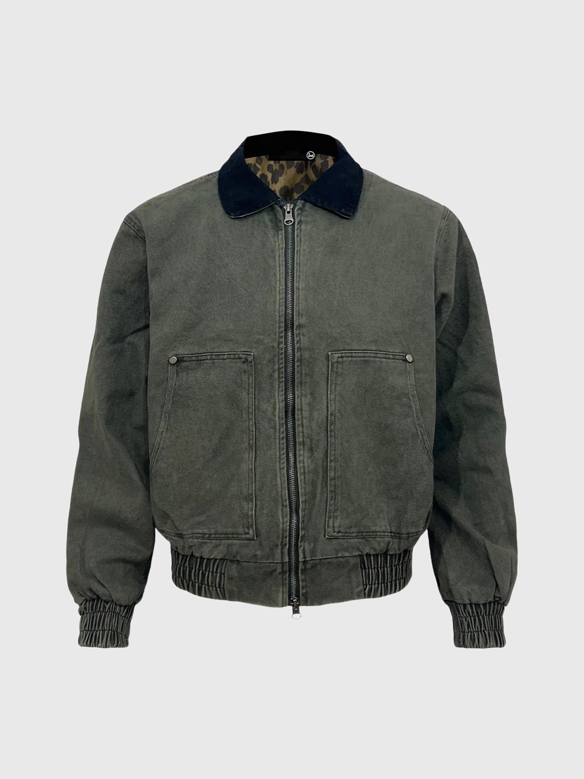 Co-ed Dorm Leopard Collar Washed Bomber Jacket - Green