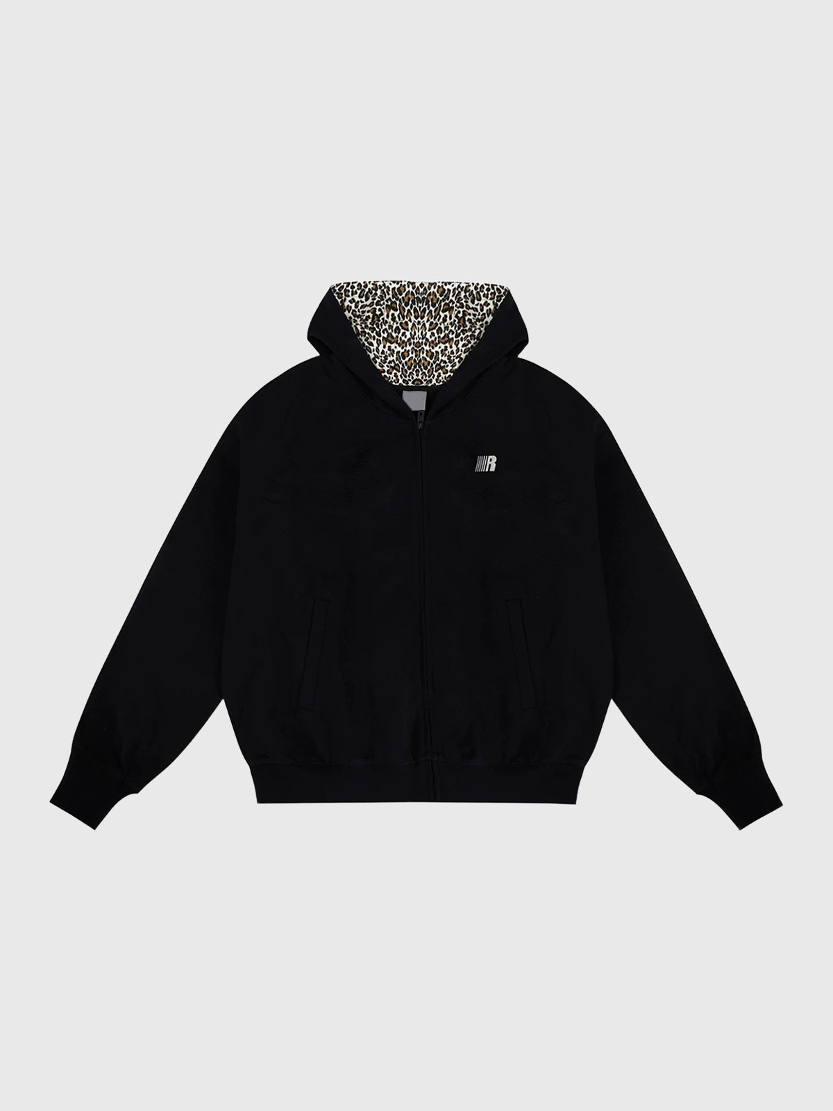Co-ed Dorm Baggy Leopard Print Zip-up Hoodie - Black