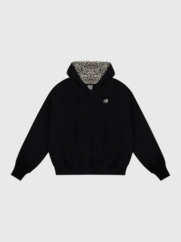 Co-ed Dorm Baggy Leopard Print Zip-up Hoodie - Black