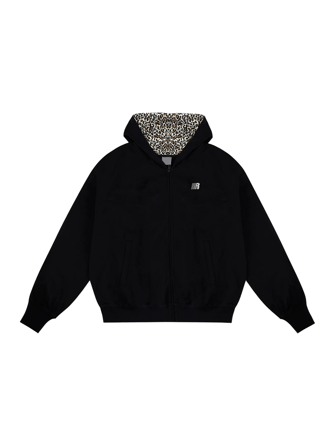 Co-ed Dorm Baggy Leopard Print Zip-up Hoodie - Black