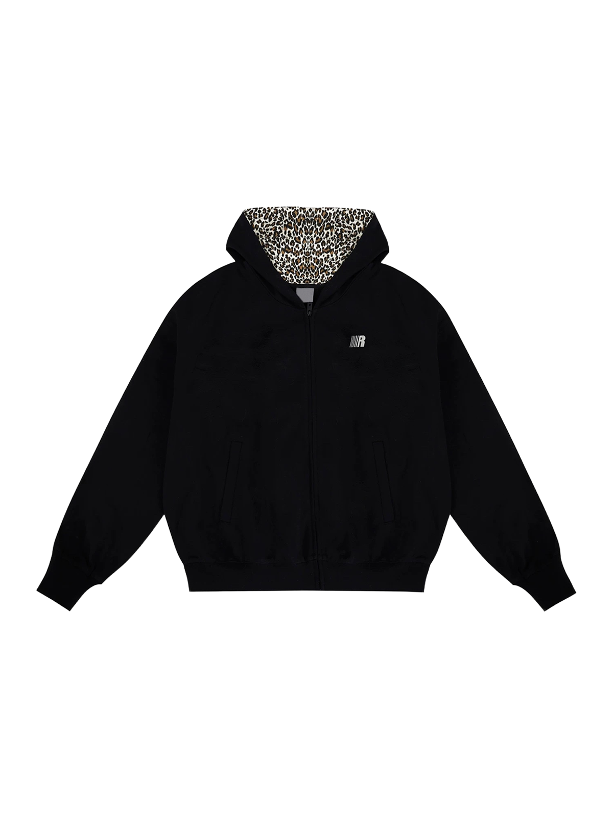 Co-ed Dorm Baggy Leopard Print Zip-up Hoodie - Black