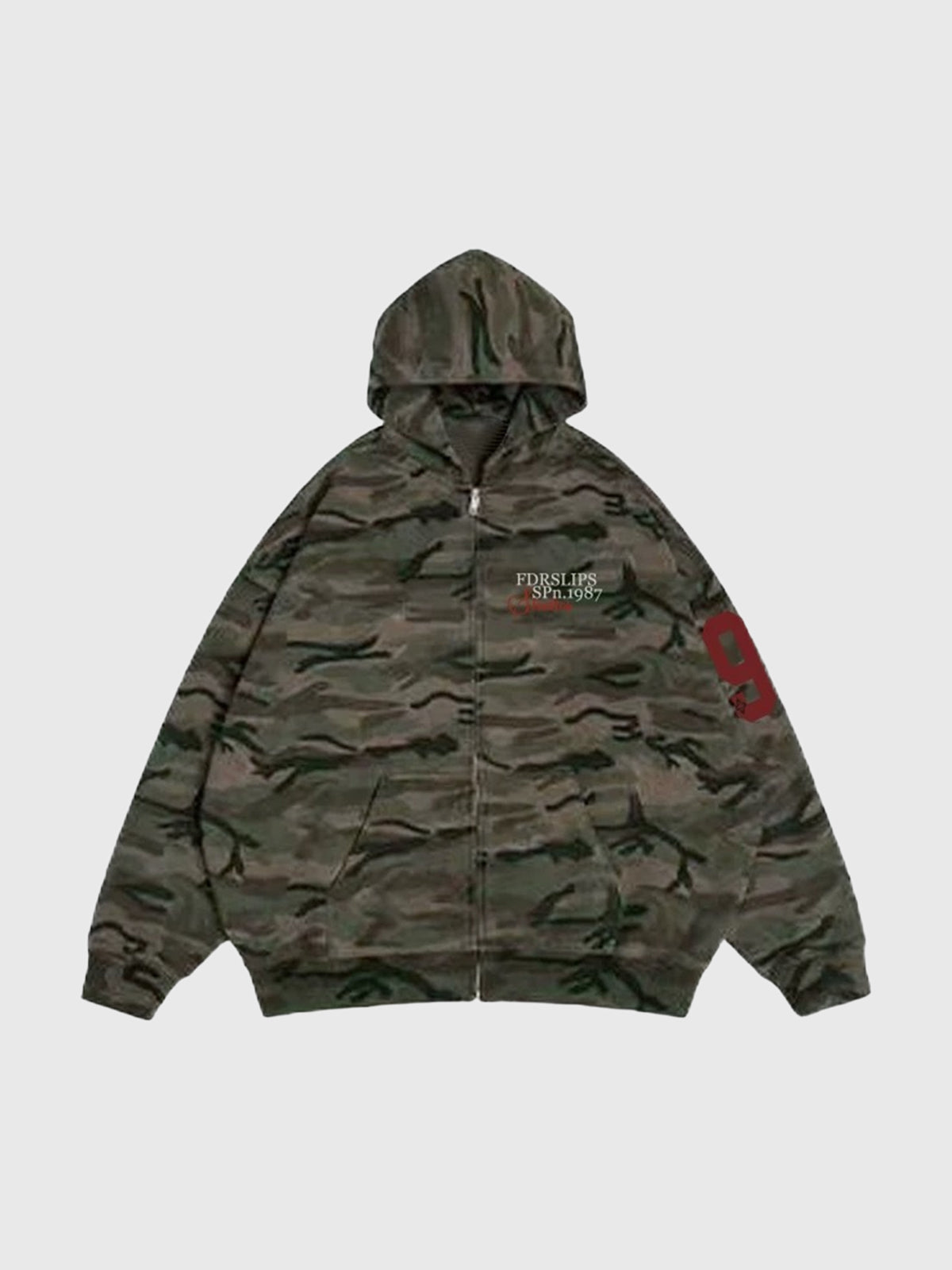 Co-ed Dorm Baggy Camouflage Graphic Zip-up Jacket - Green