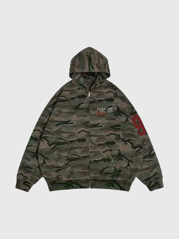 Co-ed Dorm Baggy Camouflage Graphic Zip-up Jacket - Green