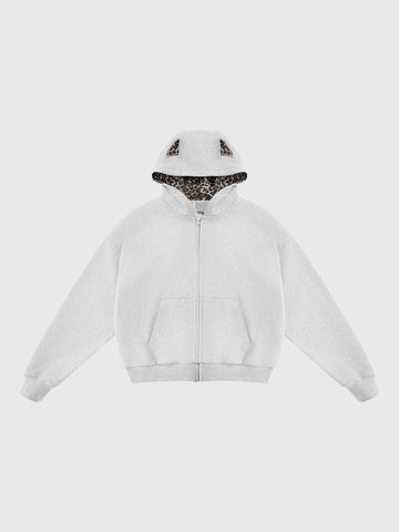 Co-ed Dorm Baggy Leopard Print Zip-up Hoodie - White