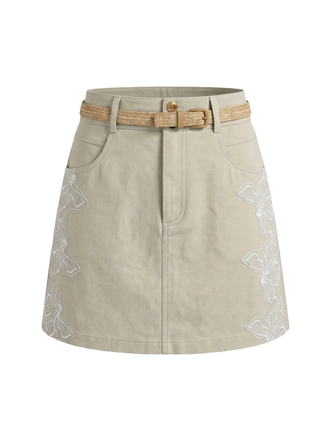 Dolled Office A-line Lace Patchwork Belted Mini Skirt -- Light Beige