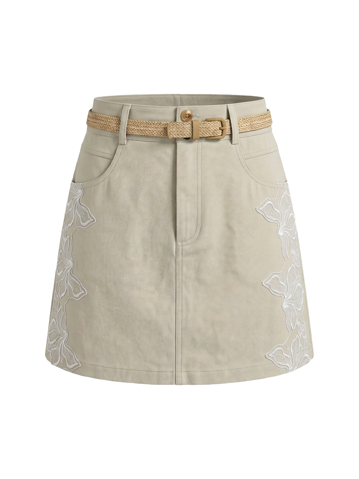 Dolled Office A-line Lace Patchwork Belted Mini Skirt -- Light Beige