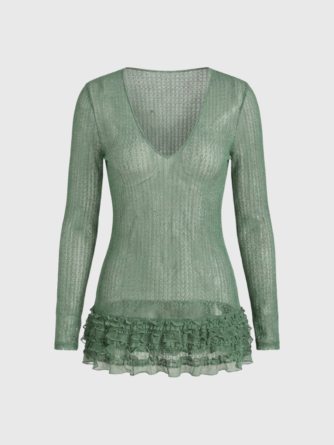 Brick Lane Skimming Sheer Openwork V-Neck Knit Top - Green