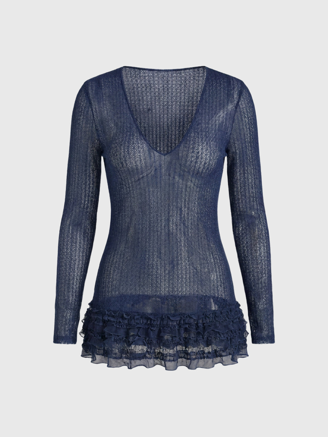 Brick Lane Skimming Sheer Openwork V-Neck Knit Top - Blue