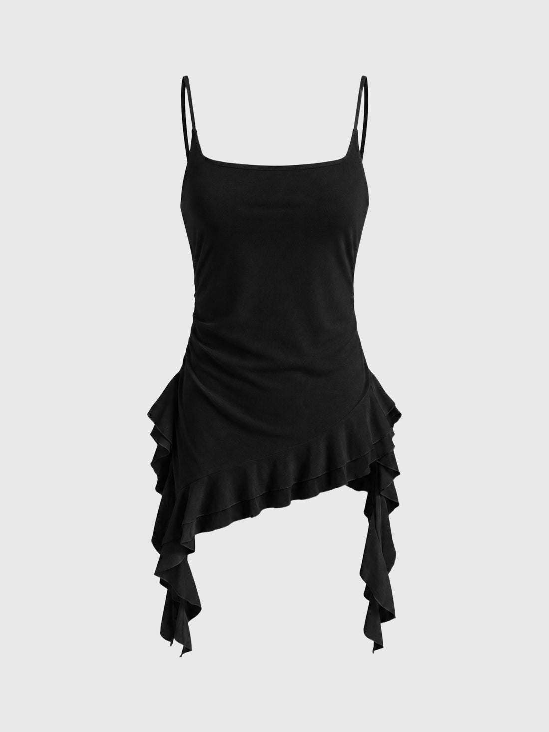 Brick Lane Asymmetric Ruffle Trim Lace Cami Top - Black