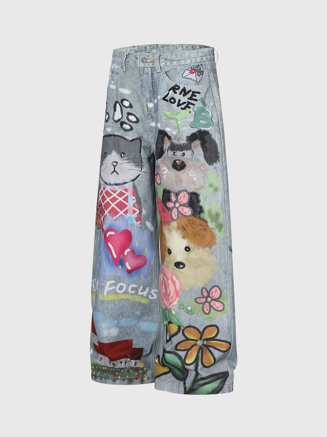 Co-ed Dorm Wide-leg Cartoon Graphic Washed Denim Pants - Blue