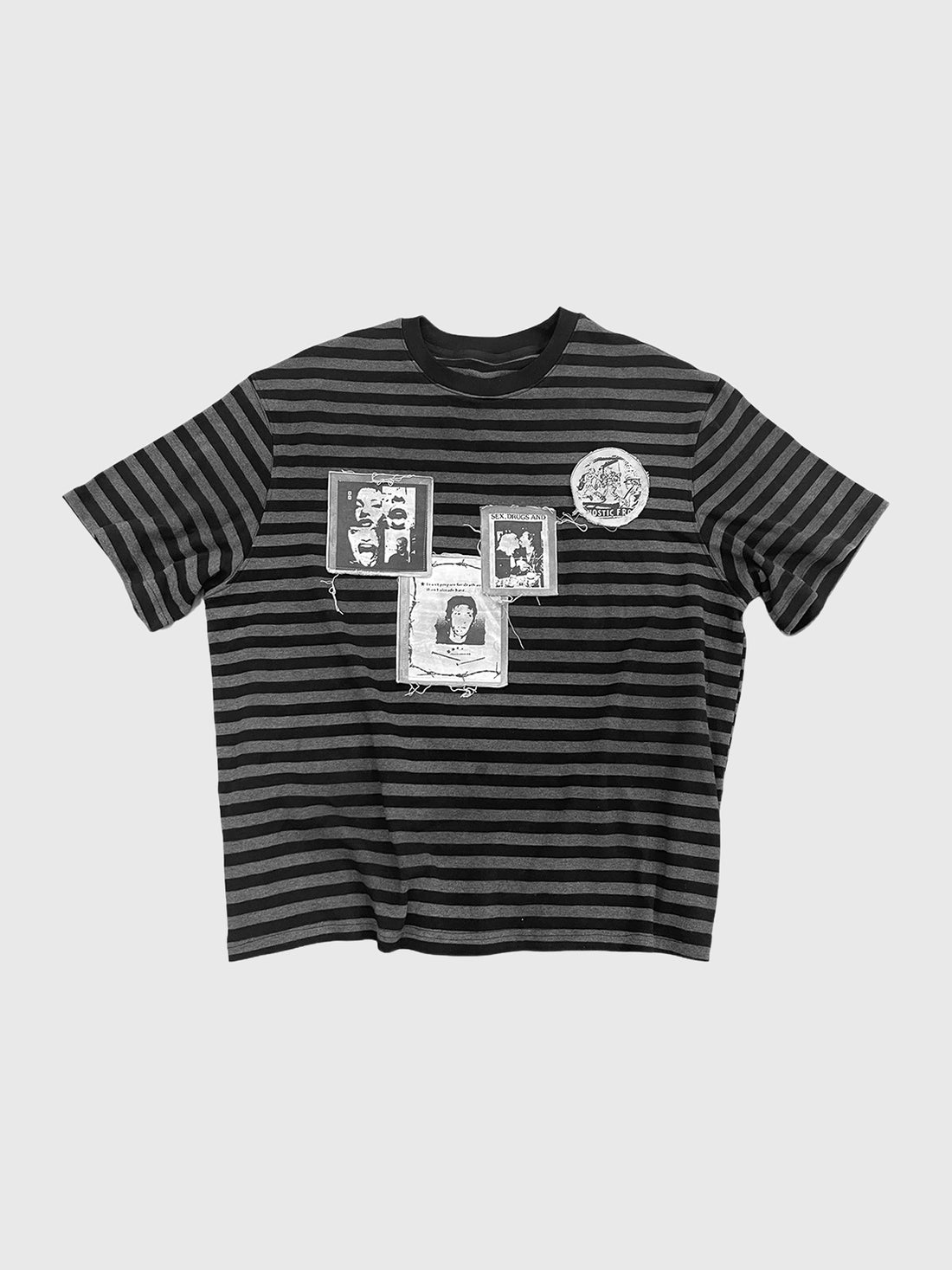 Co-ed Dorm Baggy Striped Graphic Patchwork Tee - Black
