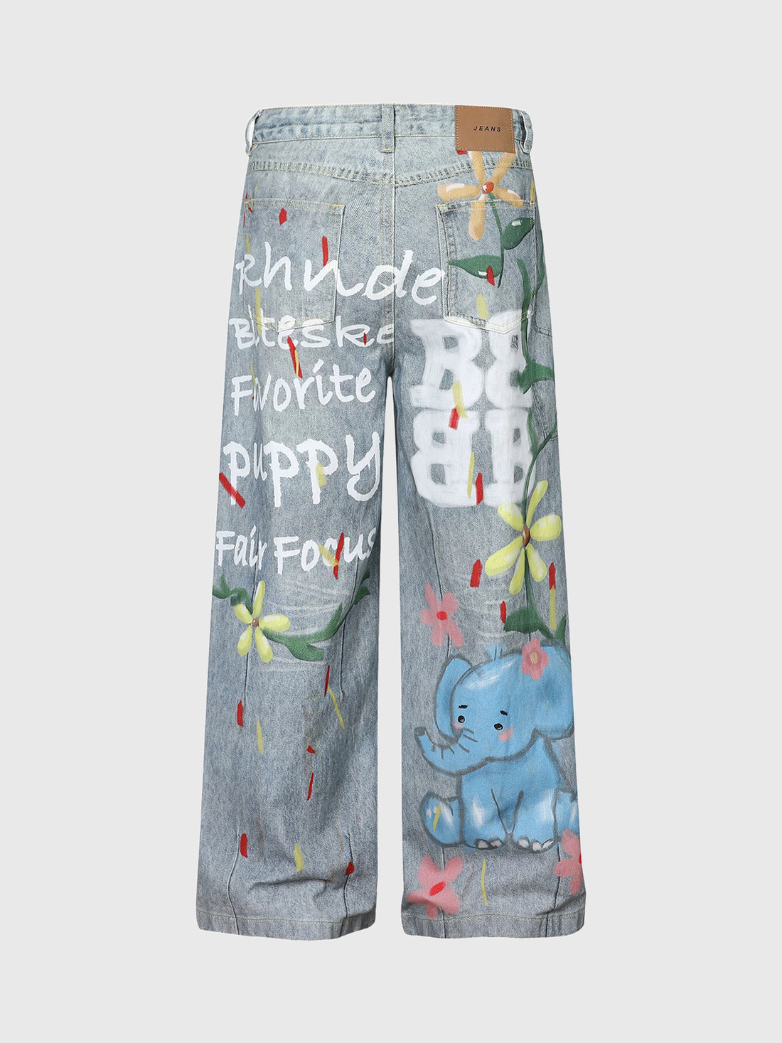Co-ed Dorm Wide-leg Cartoon Graphic Washed Denim Pants - Blue
