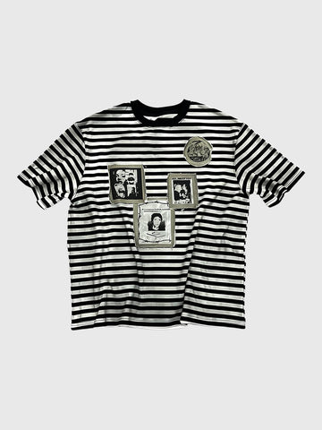 Co-ed Dorm Baggy Striped Graphic Patchwork Tee - White