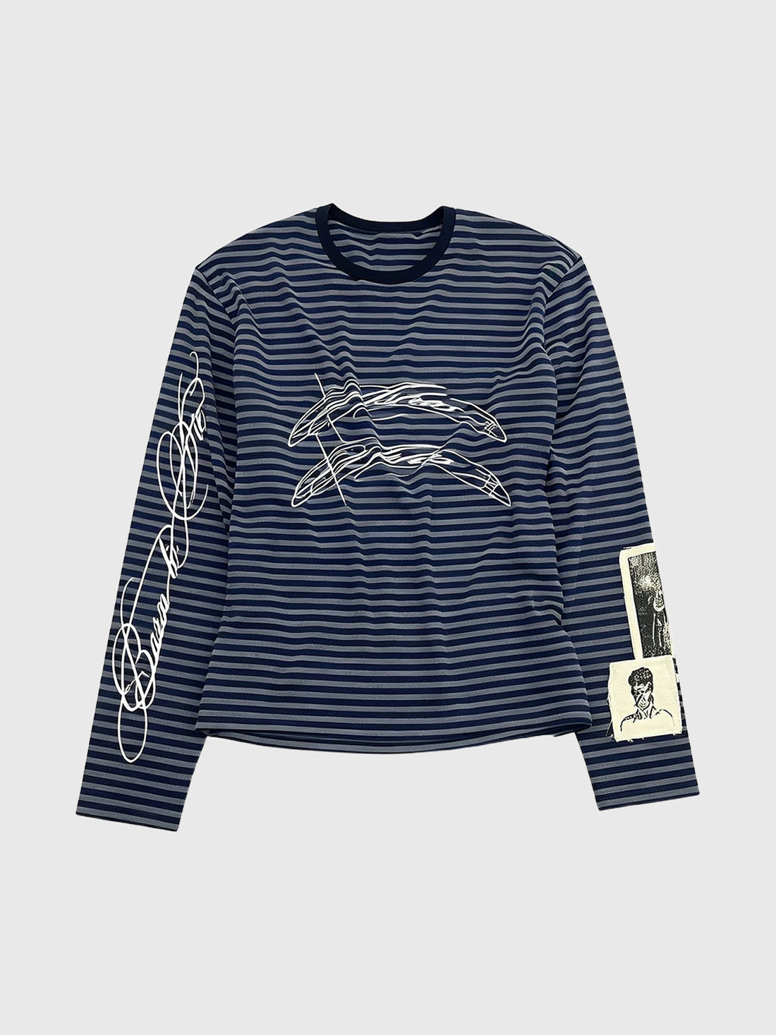 Co-ed Dorm Baggy Distressed Striped Graphic Long Sleeve Tee - Blue