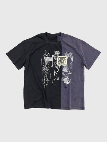 Co-ed Dorm Baggy Asymmetric Contrast Color Splice Tee - Black