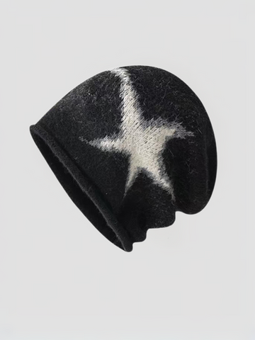 American Club Star Graphic Knit Beanie Hat - Black
