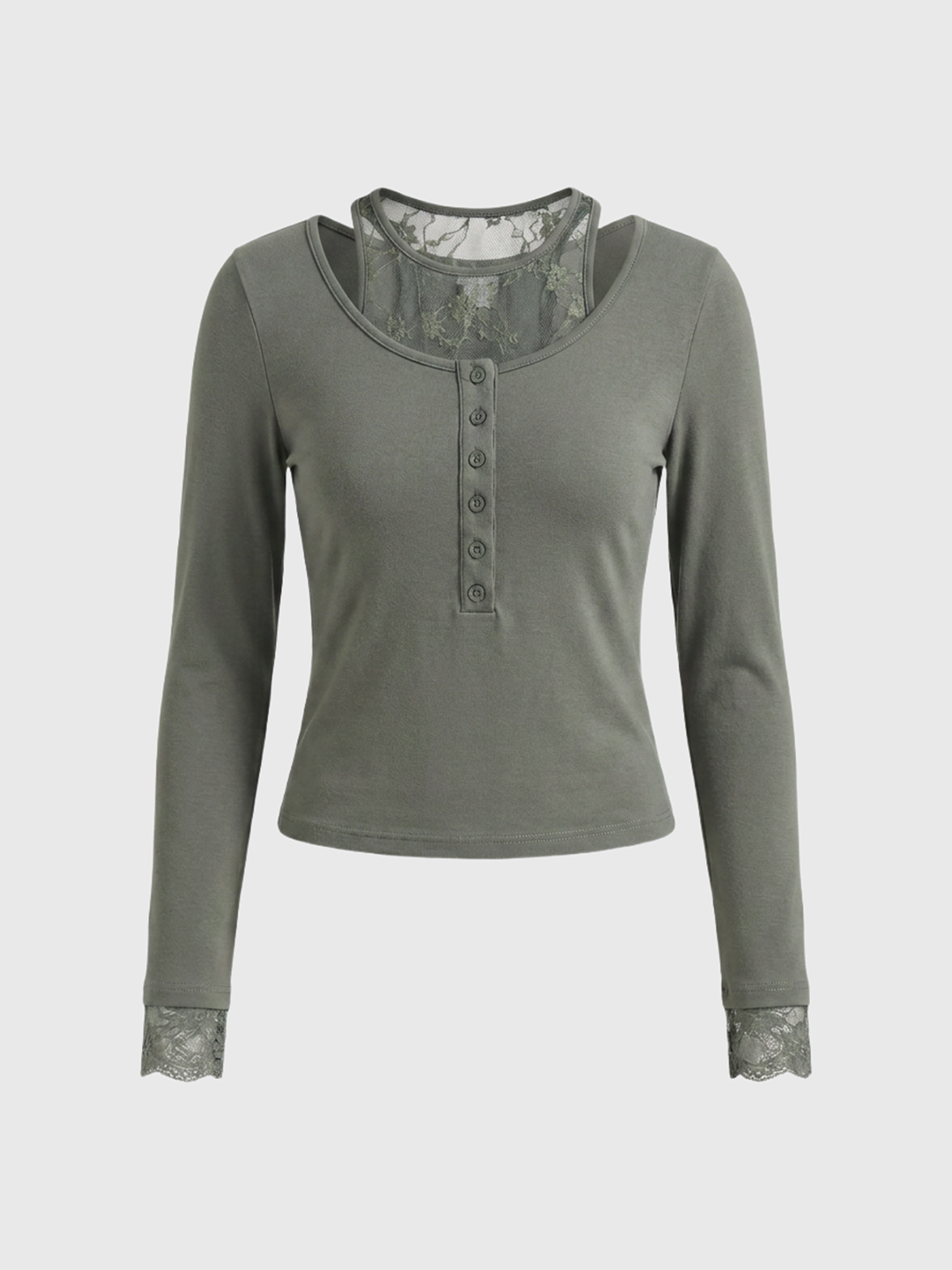 Dolled Office Layered-look Lace Patchwork Fitted Top - Army Green