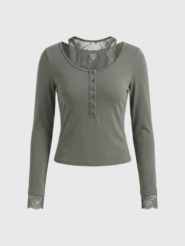 Dolled Office Layered-look Lace Patchwork Fitted Top - Army Green