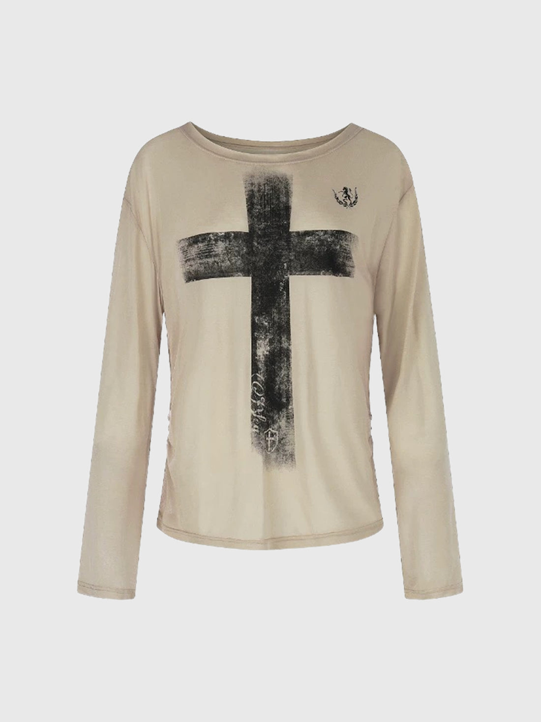 Co-ed Dorm Skimming Gothic Cross Printed Sheer Top - Beige