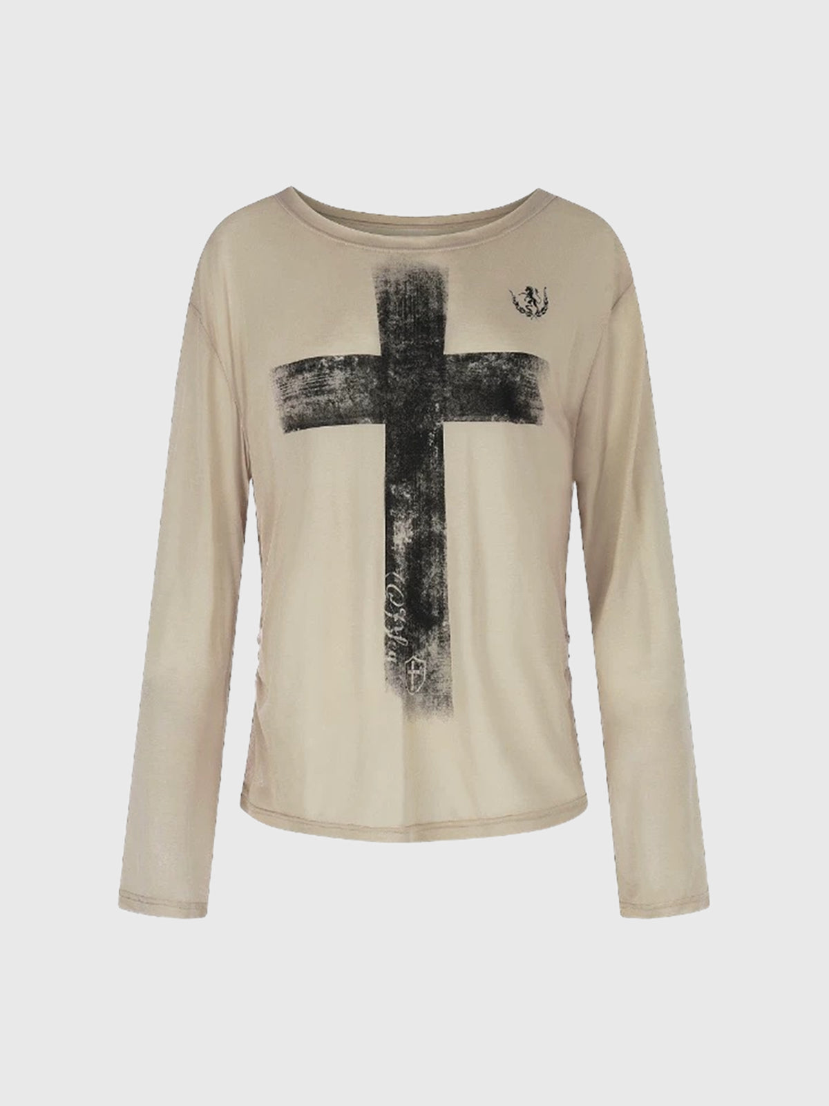 Co-ed Dorm Skimming Gothic Cross Printed Sheer Top - Beige