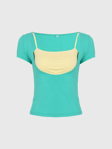 Brick Lane Skimming Layered-Look Contrast Color Tee - Green