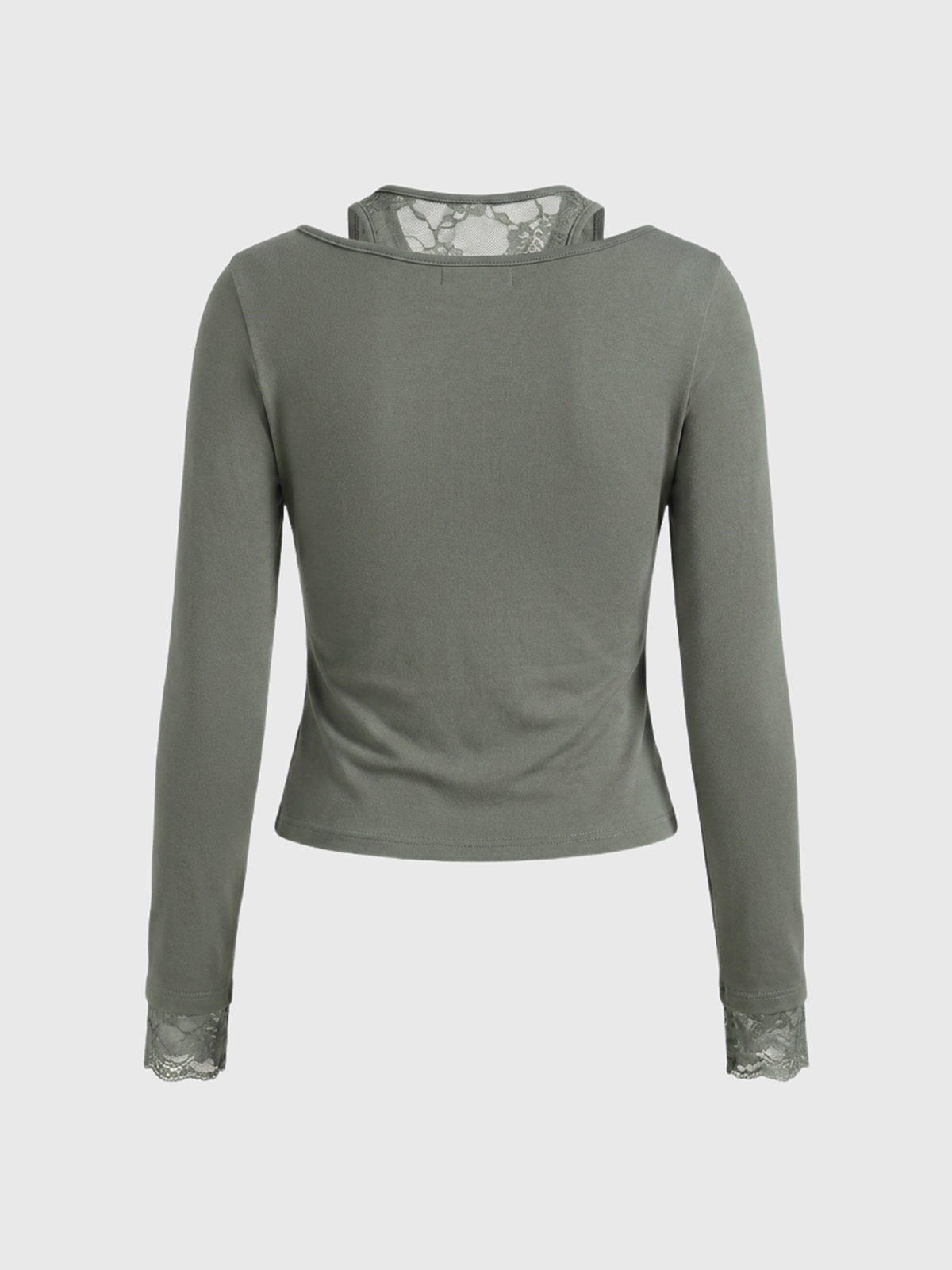 Dolled Office Layered-look Lace Patchwork Fitted Top - Army Green