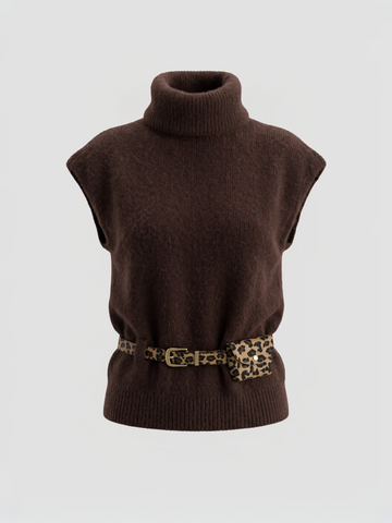 Brick Lane Skimming High Neck Sleeveless Knit Vest Tee - Brown