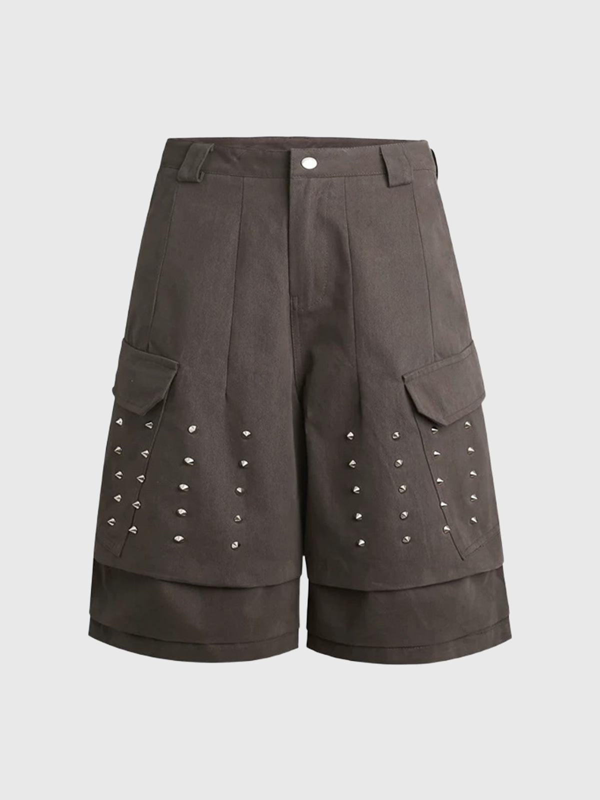 Co-ed Dorm Wide-leg Studded Utility Cargo Shorts - Brown