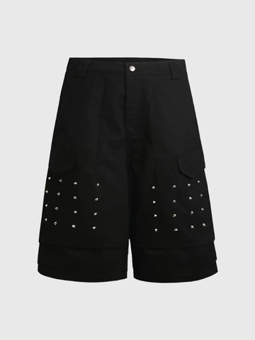 Co-ed Dorm Wide-leg Studded Utility Cargo Shorts - Black
