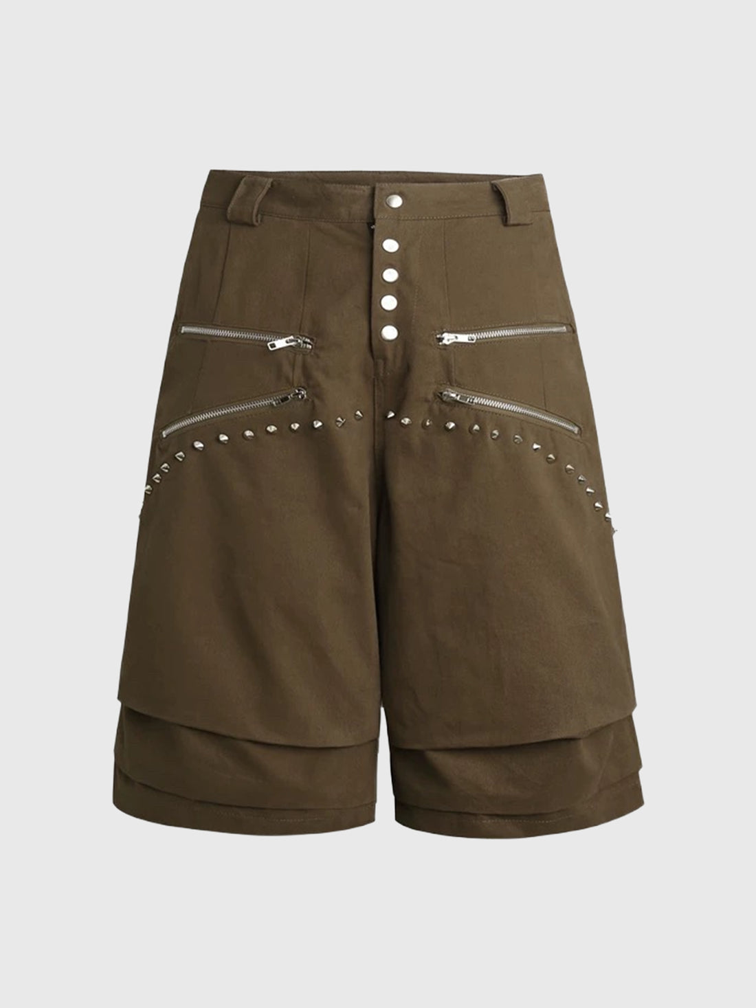 Co-ed Dorm Wide-leg Multi-Zipper Cargo Shorts - Brown