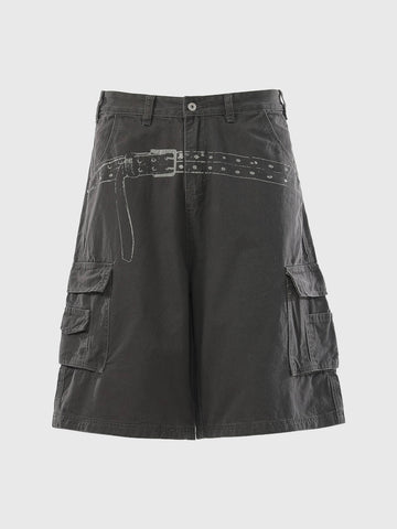 Co-ed Dorm Wide-leg Graphic Print Cargo Shorts - Black