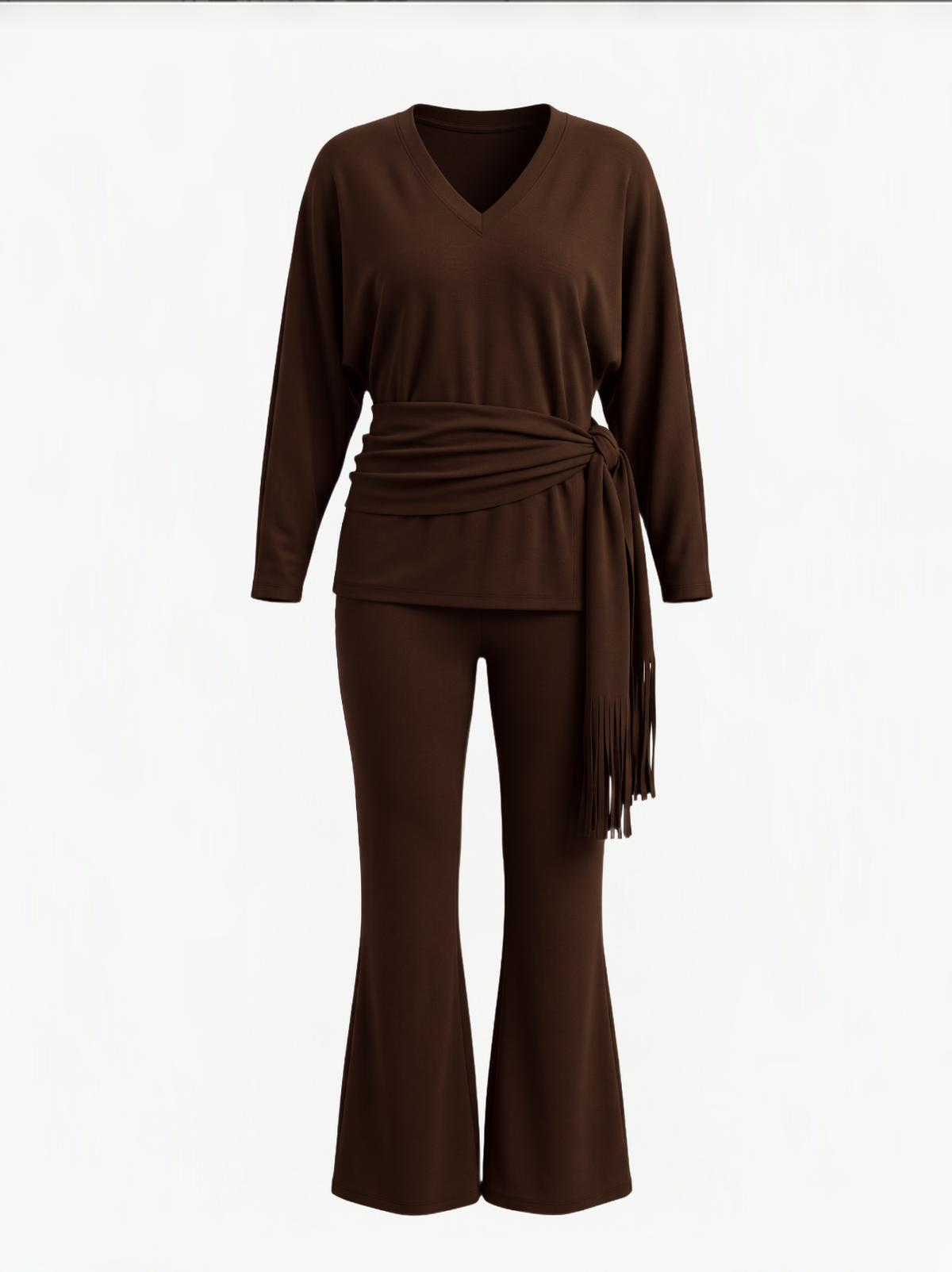 Brick Lane Skimming Long Sleeve Top and Flared Pants Two-Piece Set - Brown