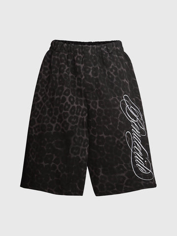 Co-ed Dorm Wide-leg Embroidered Leopard Shorts - Black