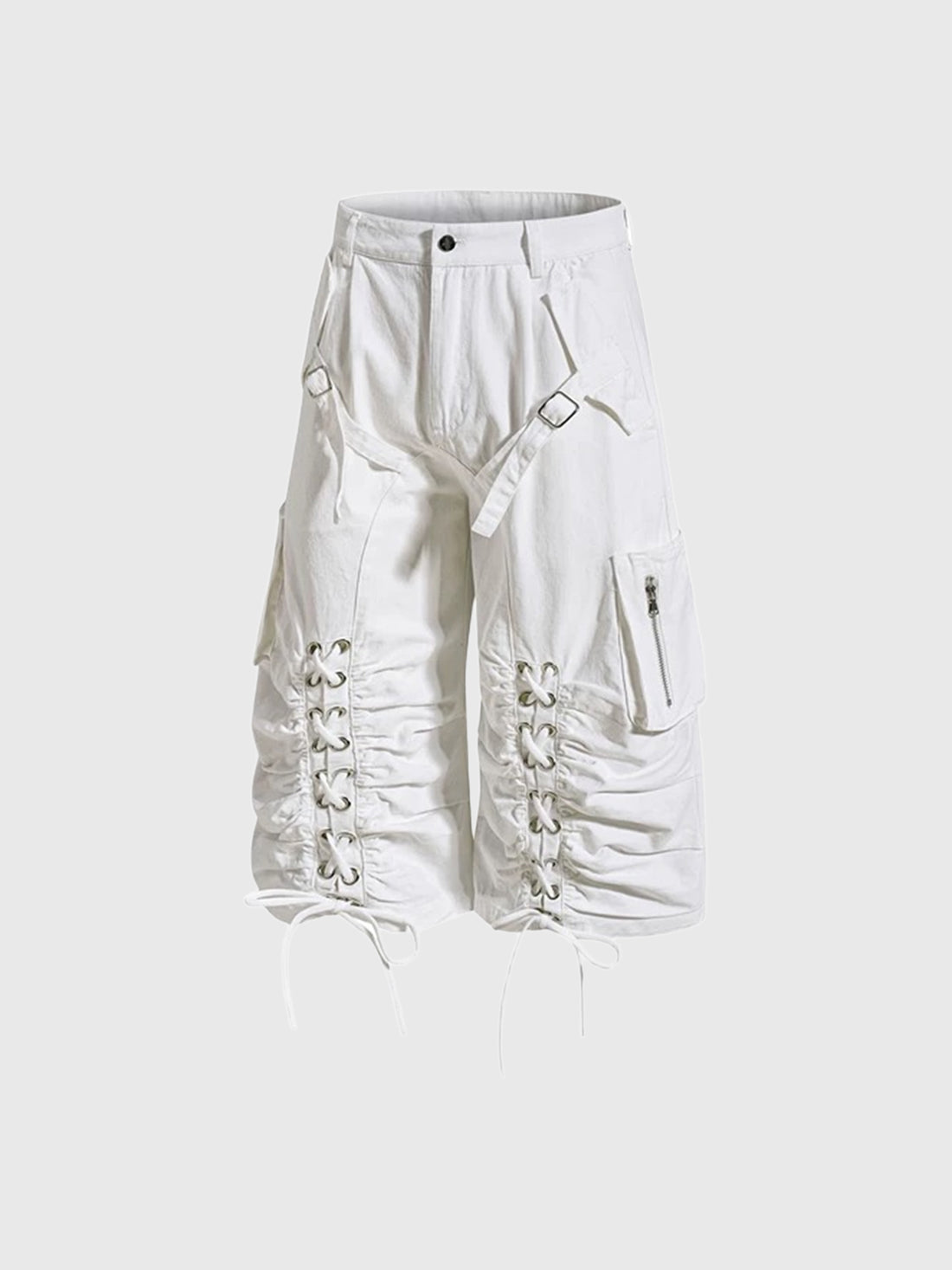 Co-ed Dorm Wide-leg Lace-up Utility Shorts - White