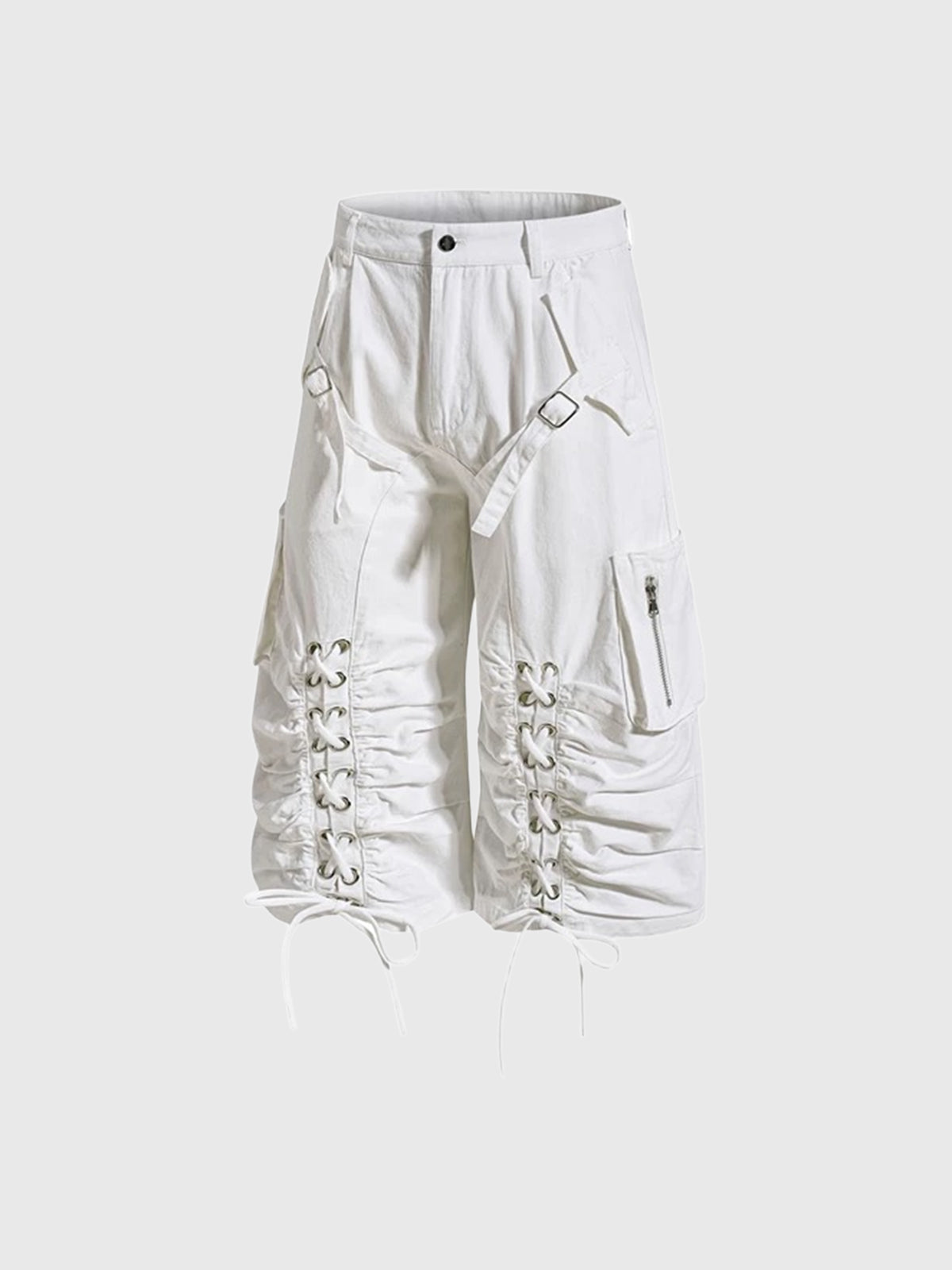 Co-ed Dorm Wide-leg Lace-up Utility Shorts - White