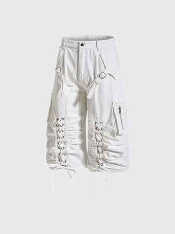 Co-ed Dorm Wide-leg Lace-up Utility Shorts - White