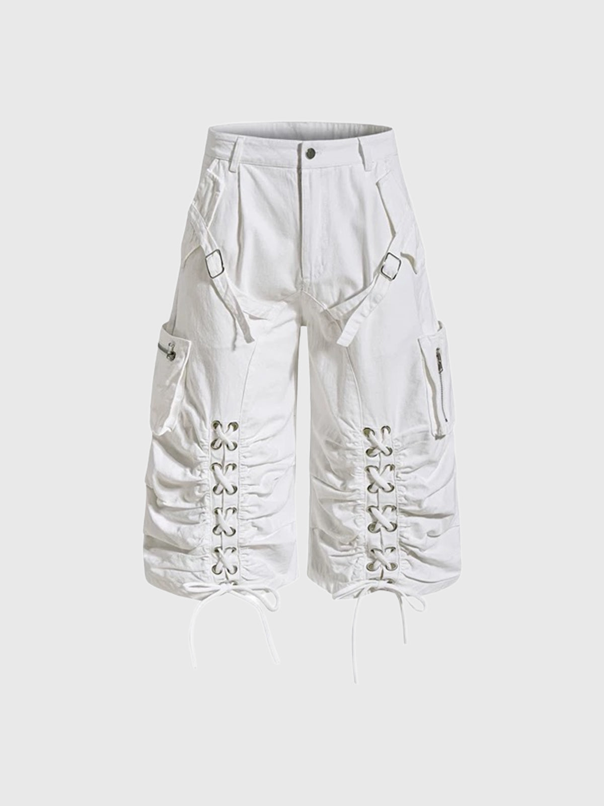 Co-ed Dorm Wide-leg Lace-up Utility Shorts - White