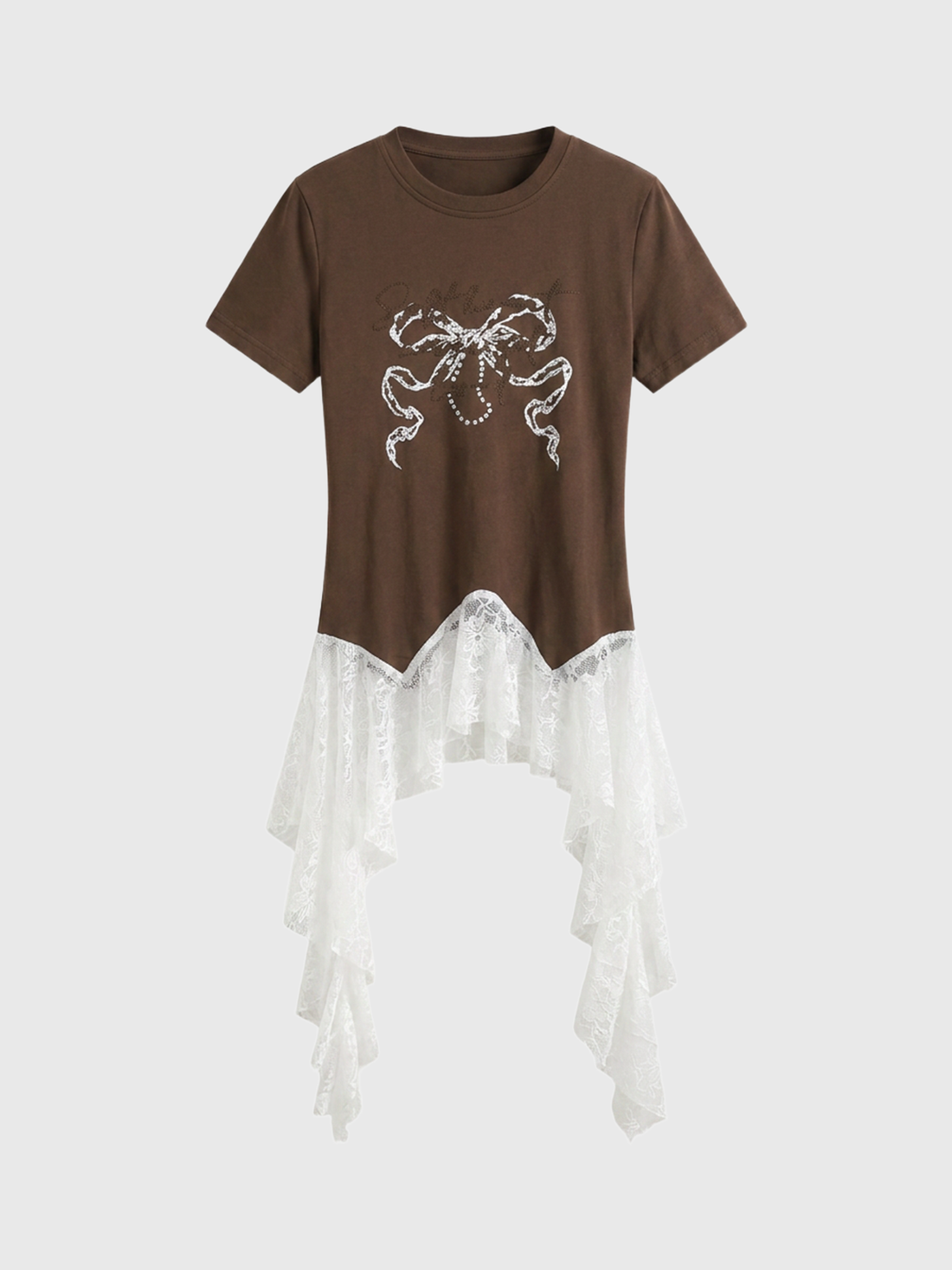 Brick Lane Layered-look Lace Contrast Color Oversized Top - Coffee/White