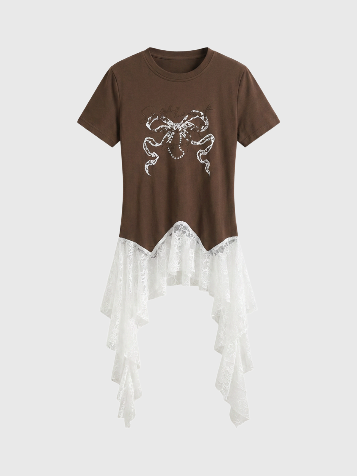 Brick Lane Layered-look Lace Contrast Color Oversized Top - Coffee/White