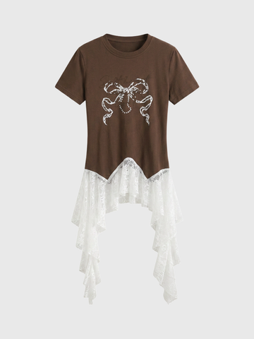 Brick Lane Layered-look Lace Contrast Color Oversized Top - Coffee/White